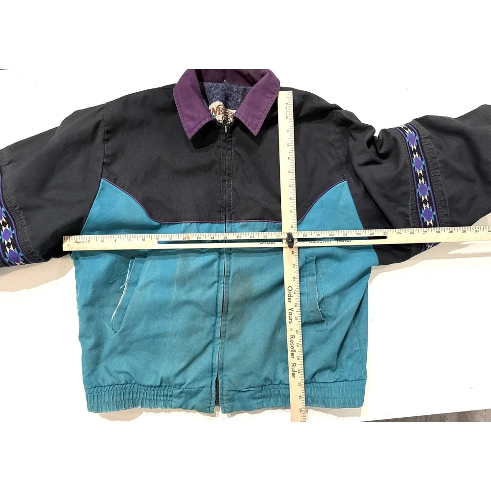 Vintage 90s Western Frontier Bomber Jacket Mens LGTeal Aztec Wool Lined Thrasher